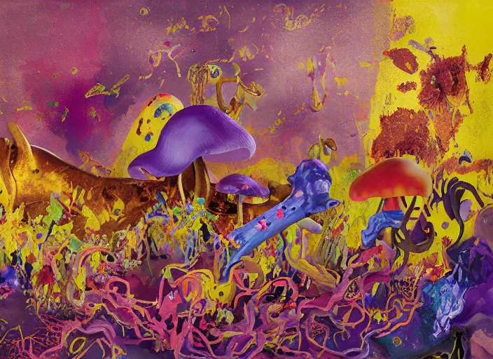 Image similar to expressionistic decollage painting golden armor alien zombie horseman riding on a translucent bone dragon broken rainbow diamond maggot horse in a blossoming meadow full of colorful mushrooms and golden foil toad blobs in a golden sunset, distant forest horizon, painted by Adrian Ghenie, Helen Frankenthaler, Danny Fox and Hilma af Klint, pixelated, semiabstract, color field painting, byzantine art, voxel art, pop art look, naive, outsider art. Mark Rothko painting, part by Philip Guston and Frank Stella art by Barnett Newman, 8k, extreme detail, intricate detail, masterpiece