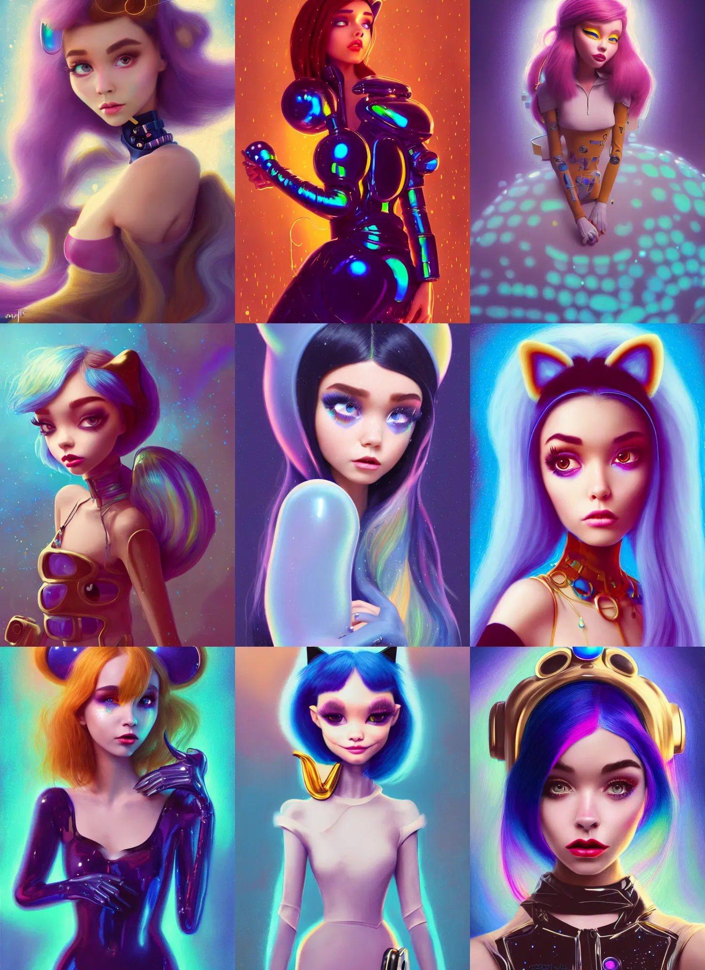 Prompt: disney pixar 8 k photo, lush glossy ivory magnificent iridescent catgirl emo clowncore prom cyborg madison beer, fashion art, ( golden ratio ), arctic, sci fi, fantasy, cyberpunk, intricate, decadent, highly detailed, digital painting, octane render, artstation, concept art, smooth, sharp focus, illustration, art by loish, wlop