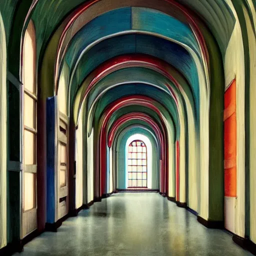 Image similar to a long colorful asylum hallway, arched ceiling, one point perspective, vanishing point, symmetrical composition, rich colors, dramatic lighting, by lee madgwick, photorealistic, v - ray render 8 k uhd