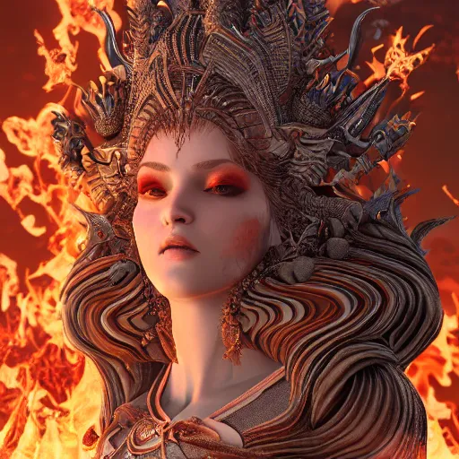 Image similar to princess of fire, godly, beautiful, intricate, hyper detailed, octane, 4 k