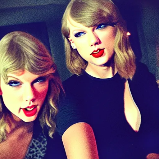 Image similar to a selfie of taylor swift and taylor swift, medium shot, detailed eyes,