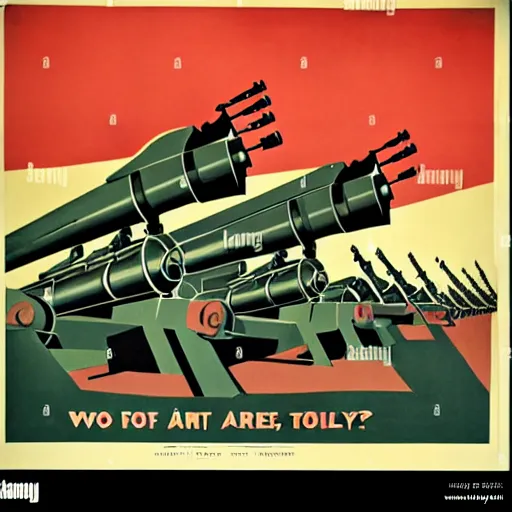 Image similar to propaganda poster featuring an extremely large number of artillery cannons, artillery, guns, awe inspiring, parallel lines, limited palette, ww 1