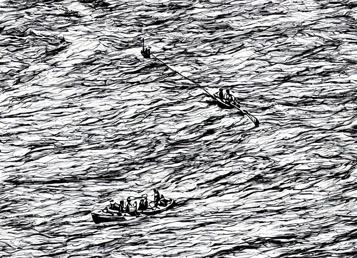 Image similar to river rafters navigating rapids, minimalist line drawing, clean long lines, ultra detailed