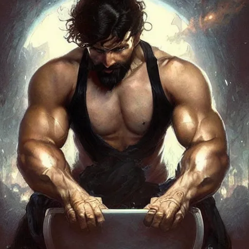 Image similar to a chad with wavy black hair and a beard. muscular. godlike. tank top. using a computer., picture by greg rutkowski, dynamic pose, intricate, futuristic, fantasy, elegant, by stanley artgerm lau, greg rutkowski, thomas kindkade, alphonse mucha, loish, norman rockwell,