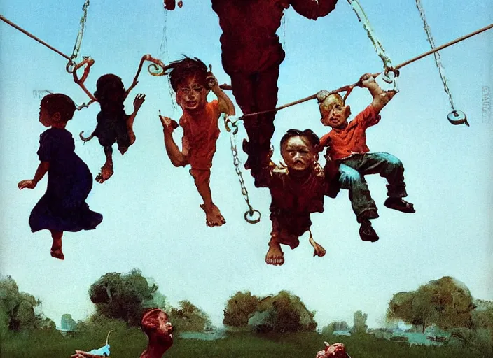 Prompt: kids on a swingset by francis bacon, surreal, norman rockwell and james jean, greg hildebrandt, and mark brooks, triadic color scheme, by greg rutkowski, in the style of francis bacon and syd mead and edward hopper and norman rockwell and beksinski, dark surrealism, open ceiling
