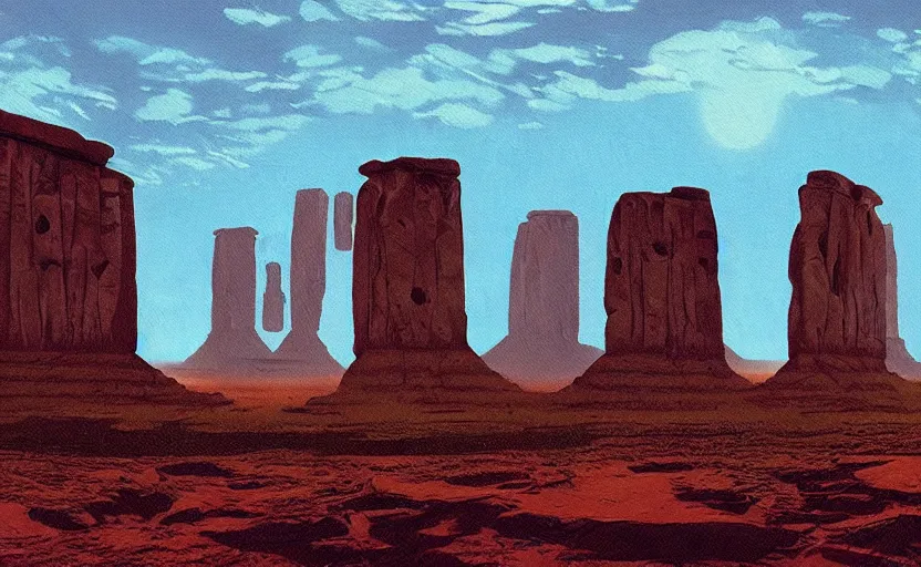 Prompt: hyperrealist painting of 1 0 flying cubes from close encounters of the third kind ( 1 9 7 7 ) in a flooded monument valley stonehenge jungle. 1 9 7 0 s science fiction, moody, misty, depth perception, 4 k, artstation, in the style of studio ghibli