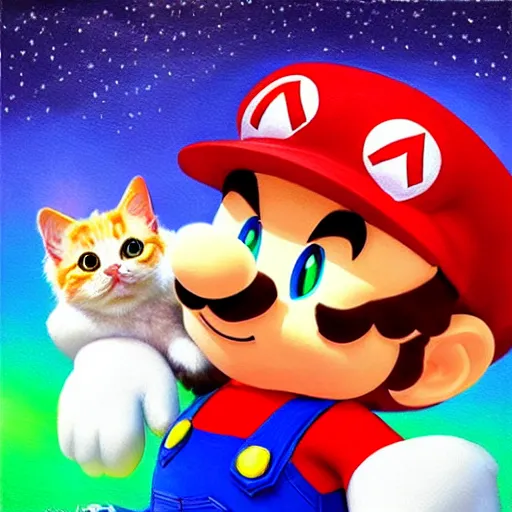 Image similar to A beautiful oil painting of a Kawaii Cat wearing a Super Mario Hat, illustration, art by artgerm, volumetric lighting, photorealistic, highly detailed.