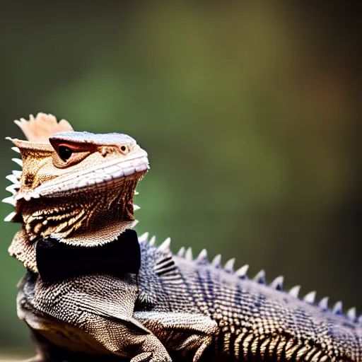 Image similar to dslr portrait still of a bearded dragon wearing a top hat and bow tie, 8 k 8 5 mm f 1. 4