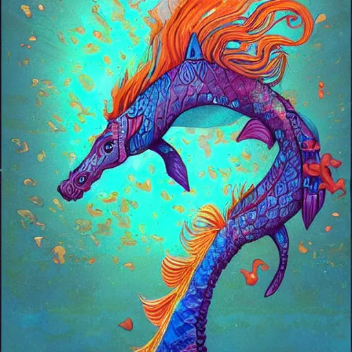 Image similar to merfolk riding seahorses, trending on artstation, colorful, intricate, art by aurore folny and ekaterina burmak