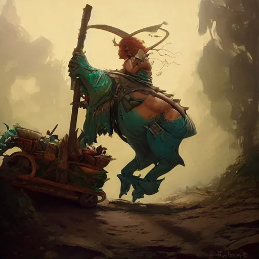 Prompt: fat fantasy goblin riding in a rickety wooden cart holding a lance, organic painting, sunny day, matte painting, bold shapes, hard edges, street art, trending on artstation, by huang guangjian, gil elvgren, ruan jia, greg rutkowski, gaston bussiere