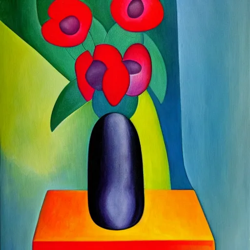 Image similar to a painting of flowers in a vase on a table, an art deco painting by tarsila do amaral, behance, neo - fauvism, fauvism, oil on canvas, acrylic art