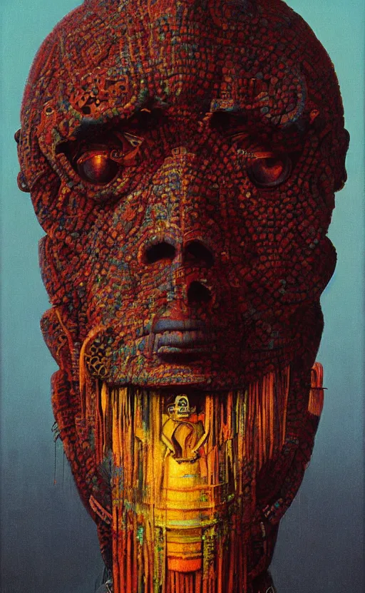 Image similar to portrait of mecha african tribal chief, insibidi symbols, symmetrical, dramatic lighting, colourful, art by zdzislaw beksinski,