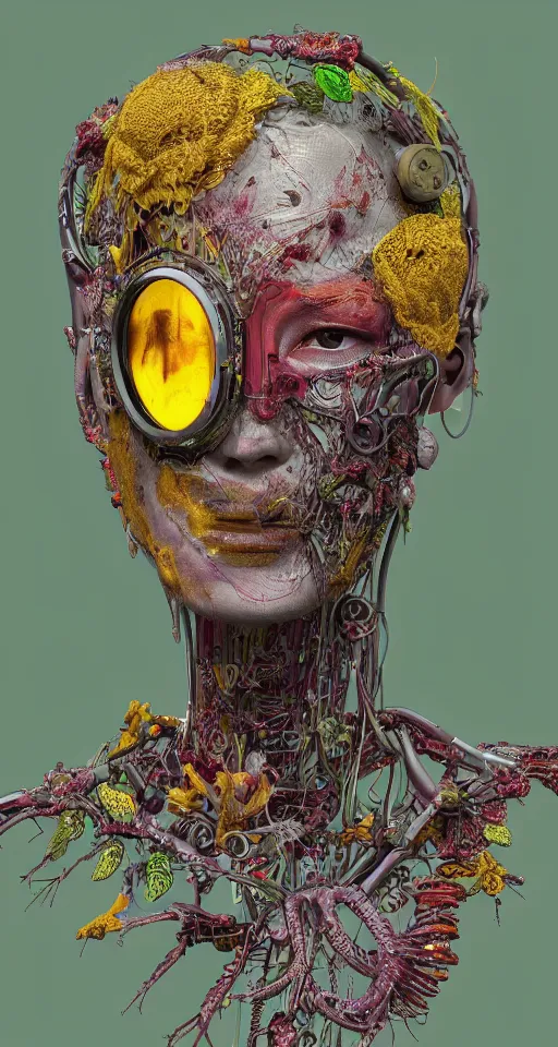 Prompt: cinema 4d colorful render, organic, ultra detailed, of a painted realistic face , scratched. biomechanical cyborg, analog, macro lens, beautiful natural soft rim light, blood, veins, sicko, winged insects and stems, roots, fine foliage lace, green and yellow details, art nouveau fashion embroidered, intricate details, mesh wire, computer components, motherboard, floppy disk eyes,mandelbrot fractal, anatomical, facial muscles, cable wires, elegant, hyper realistic, in front of dark flower and feather pattern wallpaper, ultra detailed, 8k post-production
