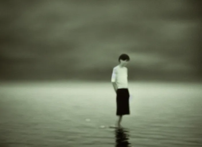 Image similar to sad boy by Andrei Tarkovsky, lake, lomography photo, blur, monochrome