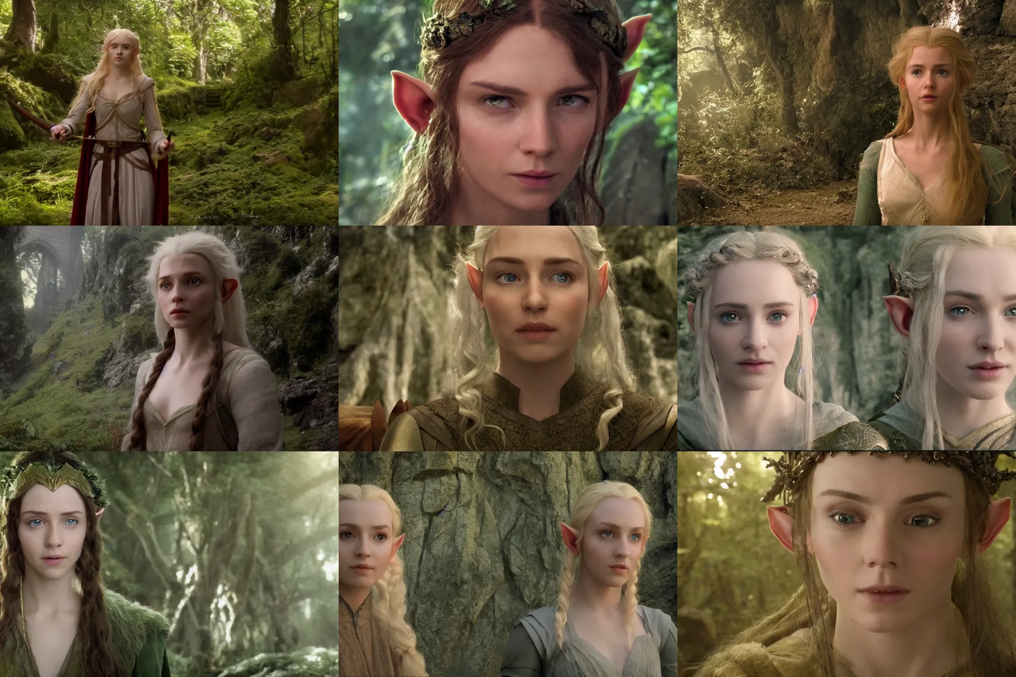 Prompt: 8K video of young attractive high-fantasy elf woman in The Lord of the Rings, scene where she is in Rivendell, photorealistic, soft light, cinematic lighting, sharp, camera