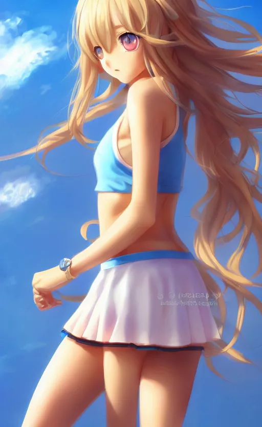 Prompt: a very beautiful young anime tennis girl, full body, head, long wavy blond hair, sky blue eyes, full round face, short smile, bikini, miniskirt, front view, mid - shot, highly detailed, cinematic wallpaper by stanley artgerm lau