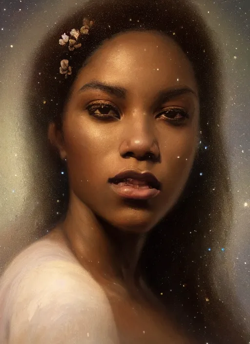 Image similar to oil painting close up portrait of a contemplative young black woman with long flowing hair in a dress made of nebular stardust galaxies, with white roses at sunset, hazy, digital art, chiaroscuro, artstation, cinematic, golden hour, concept art, digital art painting by greg rutkowski, william - adolphe bouguereau, hazy atmosphere, cinematic lighting