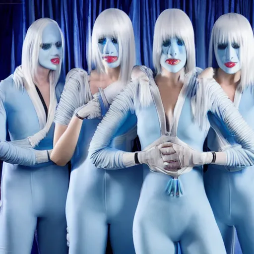 Image similar to troop of cloned freakshow women with white bob hairdos, tight light blue neopren suits, futuristic production facility, sci - fi, highly detailed, cinematic