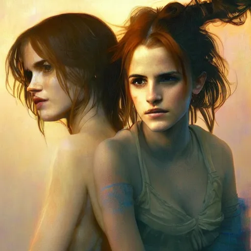 Image similar to bella thorne and emma watson, hyperrealistic full figure, bladerunner street, art of elysium by jeremy mann and frank frazetta and alphonse mucha, fantasy art, photo realistic, dynamic lighting, artstation, full figure poster, volumetric lighting, very detailed face, 4 k, award winning