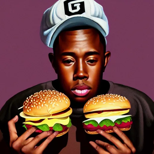 Prompt: portrait of tyler the creator eating hamburgers, extra onions and ketchup, luscious patty with sesame seeds, feminine ethereal, handsome, d & d, fantasy, intricate, elegant, highly detailed, digital painting, artstation, concept art, matte, sharp focus, illustration, art by artgerm and greg rutkowski and alphonse mucha