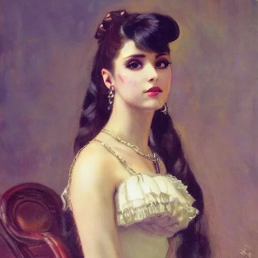 Prompt: Portrait of a steampunk Ariana Grande, elegant, mechanical, broad detail, shadows, vintage shading, by Ilya Repin