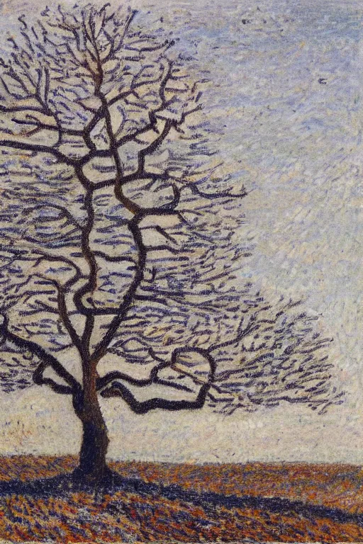 Prompt: still life oil painting of a huge tree on a barren winter landscape soft edges, medium saturation, high contrast, gustave loiseau