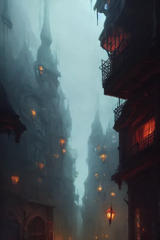Prompt: fantasy city with dark alleyways highly detailed, digital painting, artstation, concept art, matte, sharp focus, illustration, art by aenaluck and roberto ferri and greg rutkowski, epic fantasy, moody, dark mood, digital painting