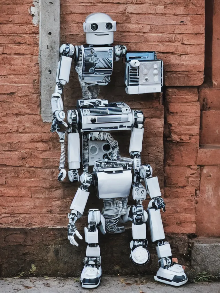 Image similar to A robot with a ghettoblaster boombox for a head, cool, retro, portrait, 1980s vibe, sitting on a stoop by a brick building