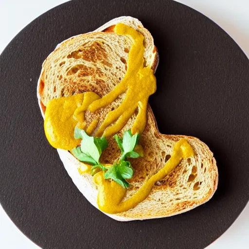 Prompt: artisan mustard in the shape of dwayne johnson's head, spread on toast. food photograph.