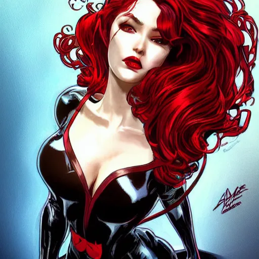 Image similar to catwoman in the style of spiderman, spiderman patterns, red and blue, long red wavy red hair by artgerm and greg rutkowski and alphonse mucha