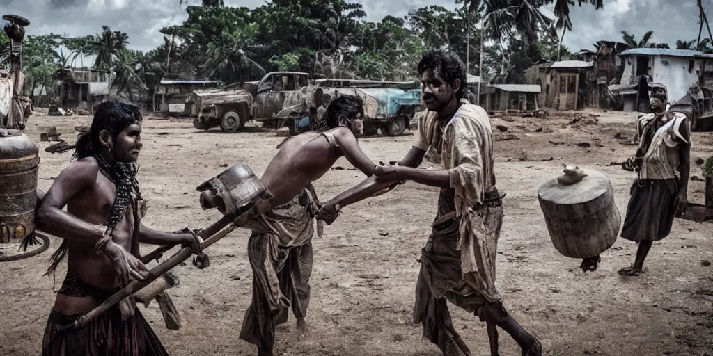 Image similar to sri lankan mad max style, playing bongo drum, film still, epic shot cinematography, rule of thirds