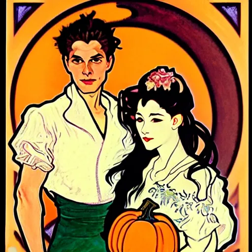 Image similar to painting of handsome young beautiful jeff and gorgeous rina together at the jack o'lantern halloween party, elegant, clear, painting, stylized, art, art by alphonse mucha, vincent van gogh, egon schiele,