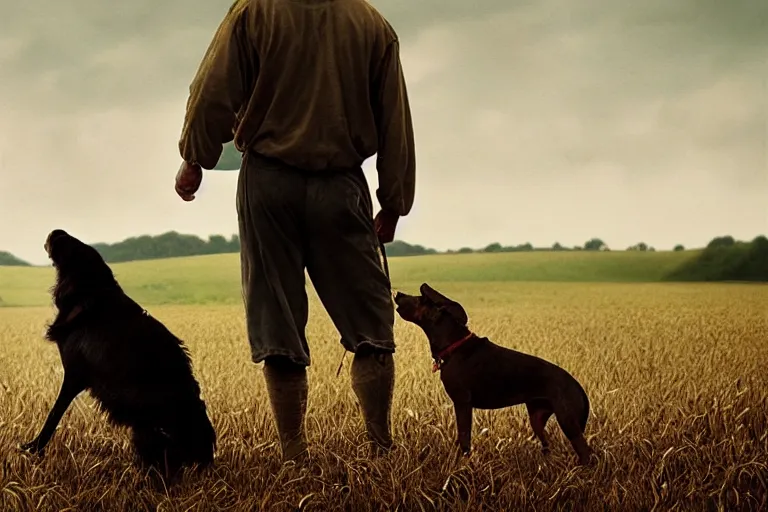 Prompt: a cinematic headshot portrait of a farmer and his dog, working out in the field, movie still, shallow depth of field, muted colors, by krenz cushart