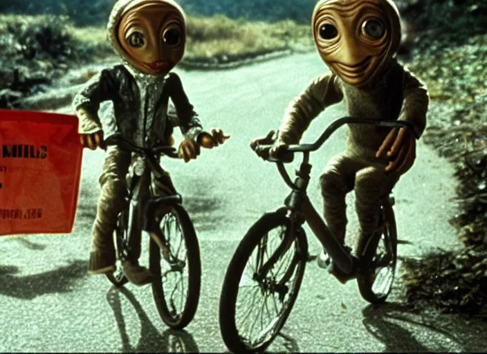 Image similar to the movie et except the alien is mr bean bicycle scene