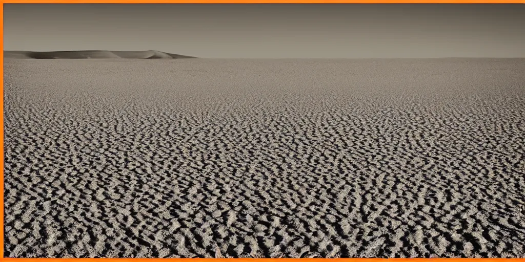 Prompt: Color photograph of orange desert meeting a sky-blue ocean, in the style of Ansel Adams, landscape photography