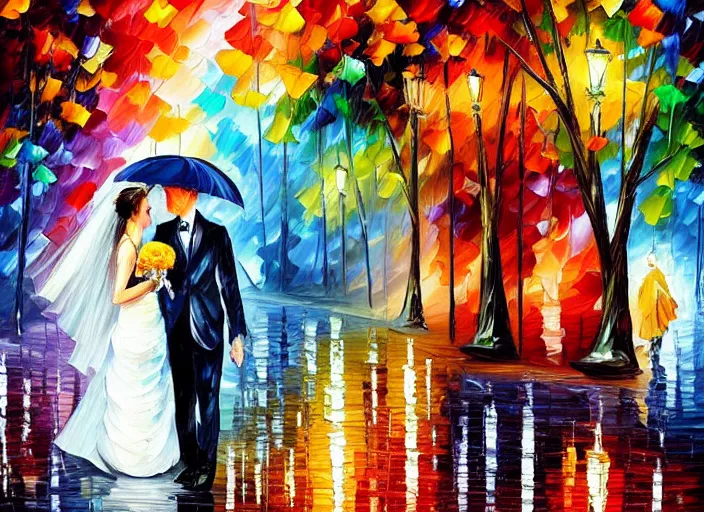 Prompt: A romantic wedding couple with umbrella, groom , bride, painting by Leonid Afremov