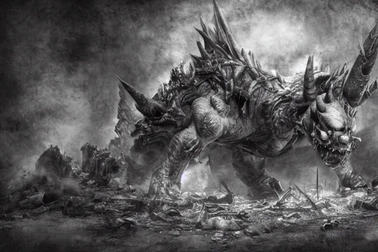 Image similar to pencil sketch of bowser with huge horns and scales and talons in a ruined kingdom, resident evil, horror, occult, terror, mist, volumetric render, detailed