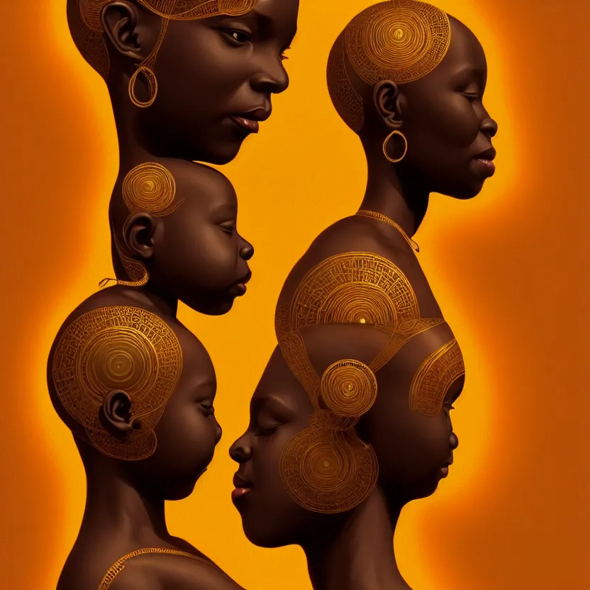 Prompt: a beautiful painting of a smooth golden african symmetrical sculpture figure of mother and child by beeple dim lighting, detailed portraits, unreal engine 5, concept art ， highly rendered,, digital painting, artstation, concept art, smooth, sharp foccus, perfect horizontal symmetry ilustration, detailed and intricate environment, artstation hq