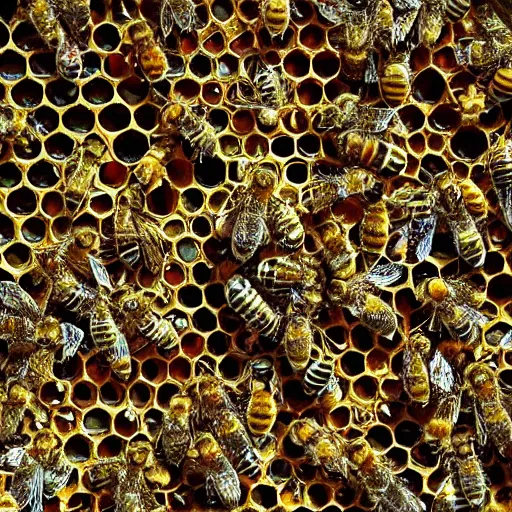 Prompt: honeycomb. honey. bees dance on them. fantasy.