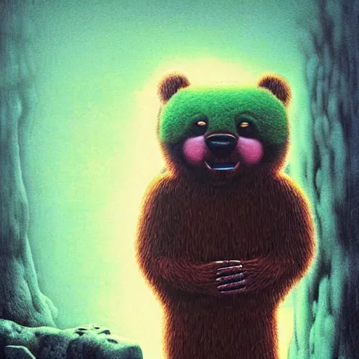 Image similar to yogi bear ( hanna barbera ) by beksinski and tristan eaton, neon trimmed beautiful dystopian digital art