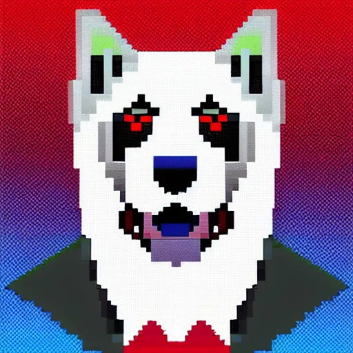 Prompt: husky dog in a dress shirt, pixel art, blue and red gradient background