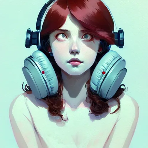 Image similar to beautiful artistic - wave highly detailed portrait female, with head phones, long red hair, by atey ghailan, by greg rutkowski, by greg tocchini, by james gilleard, by joe fenton, by kaethe butcher, dynamic lighting, gradient light blue, brown, blonde cream and white color scheme, grunge aesthetic