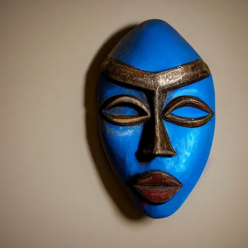 Prompt: a dark African ritual mask with light blue details, realistic, photography