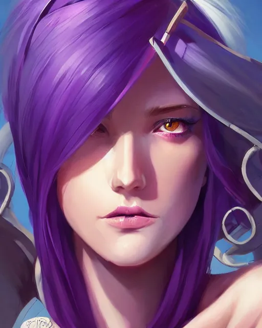 Image similar to beautiful female purple hair tattoo symmetrical face eyes full length fantasy art Video game icon, 2d game art cover , official fanart behance hd artstation by Jesper Ejsing, by RHADS, Makoto Shinkai and Lois van baarle, ilya kuvshinov, rossdraws