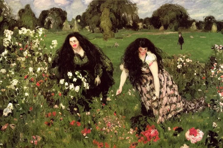 Image similar to hagrid and morticia addams frolicking in a field of various flowers, fairy garden, masterpiece, highly detailed, oil on canvas, art by walter sickert, john singer sargent, and william open