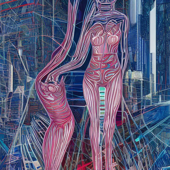 Image similar to cyberpunk woman designed by corbusier, by alex grey, by santiago calatrava