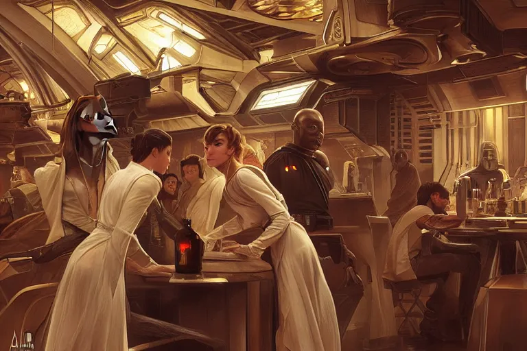 Image similar to ultra realistic illustration, cantina interior from star wars and star trek, intricate, elegant, highly detailed, digital painting, artstation, concept art, smooth, sharp focus, illustration, art by artgerm and greg rutkowski and alphonse mucha