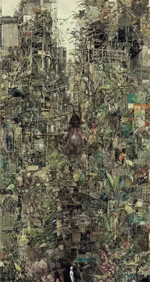 Prompt: on the street of abandoned town 2 people standing huddled together with spiny giant plants bursting through them, surreal, very coherent, intricate design, painting by Yoji Shinkawa, part by Norman Rockwell