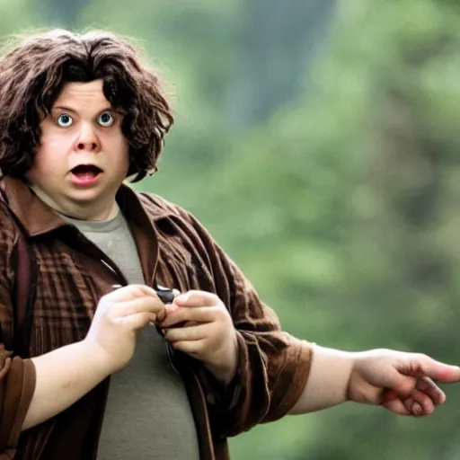 Prompt: Micheal Cera as Hagrid from Harry potter, movie still from chamber of secrets