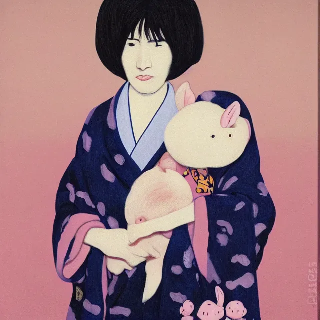 Image similar to tall emo female artist holding small portraits and piglet on a train, wearing a kimono, on yamanote line in japan, tokyo station, summer, sweat, ice coffee, pigs, octopus, acrylic on canvas, surrealist, by magritte and monet